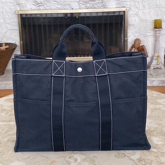 Authentic HERMES Deauville MM Hand Tote Bag Canvas Black - Picture 2 of 15